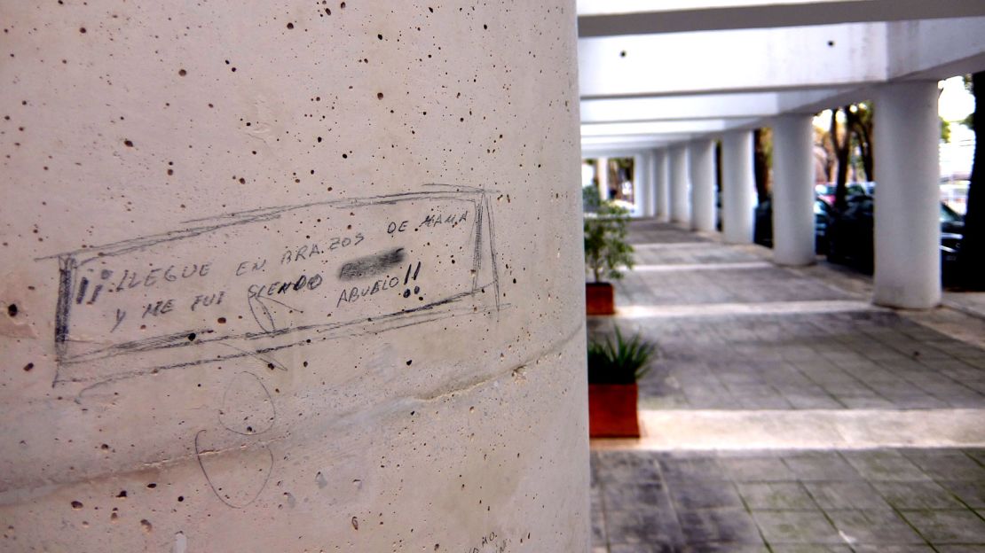 Graffiti on the columns outside the former Canadian pavilion.