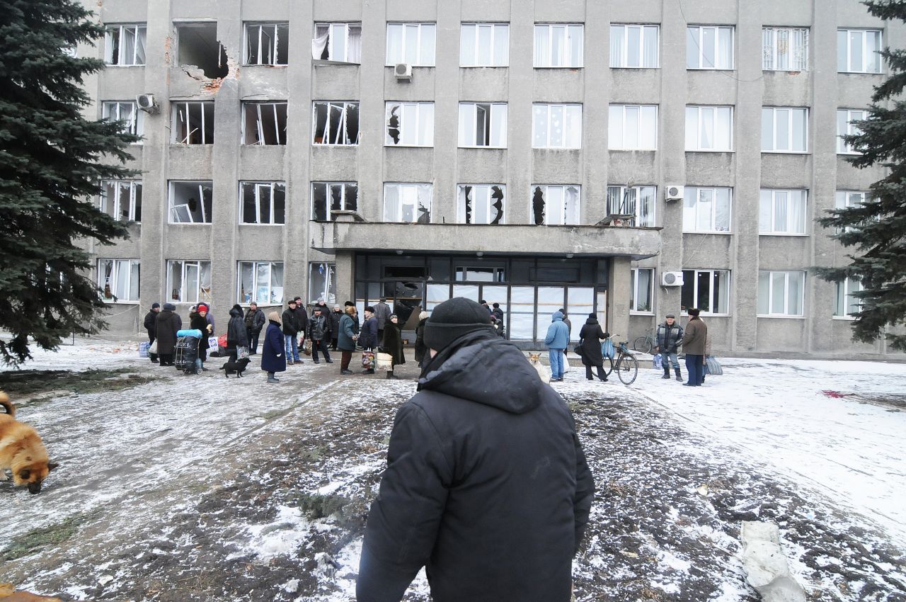 City Hall was targeted by separatist forces shelling the center of town February 9. 