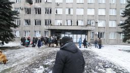The City Hall was targeted by separatist forces shelling the center of town February 9, 2015, Debalteve, Donbass Oblast, Ukraine..The battle of the railway hub of Debaltseve has reached a breaking point. Only an estimated 3 thousand locals are still present within the city out of its original 25 thousand. Pro-Russian forces have been attempting to encircle the city from the North, shelling heavily the area while making slow progress towards their goal. Each day a few volunteers drive back and forth between Artemovsk and the besieged city to deliver supplies to locals while driving back whomever wants out of the war zone.