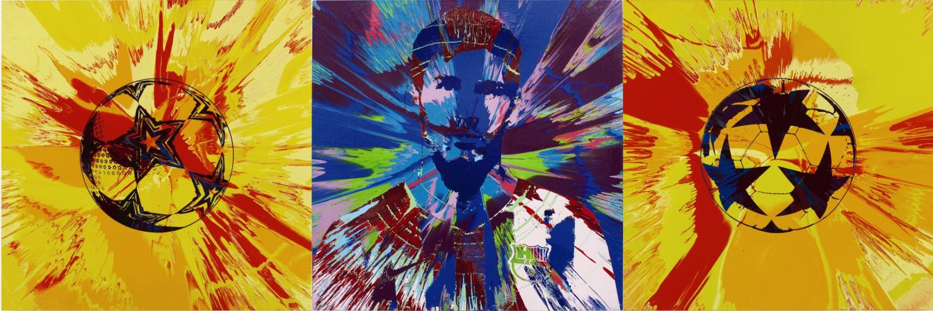 El enfant terrible del arte británico, Damien Hirst; famoso por guardar animales muertos en formol, también tiene una obra para subastar, capturando la belleza de Messi en una pintura que se estima se venderá en 500.000 dólares.