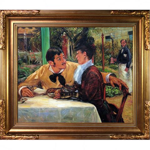 The restrained, quotidian scene depicts a modest expression of desire. The model for the young man was the son of the cafe's owner, and the young woman was modeled by two different people.