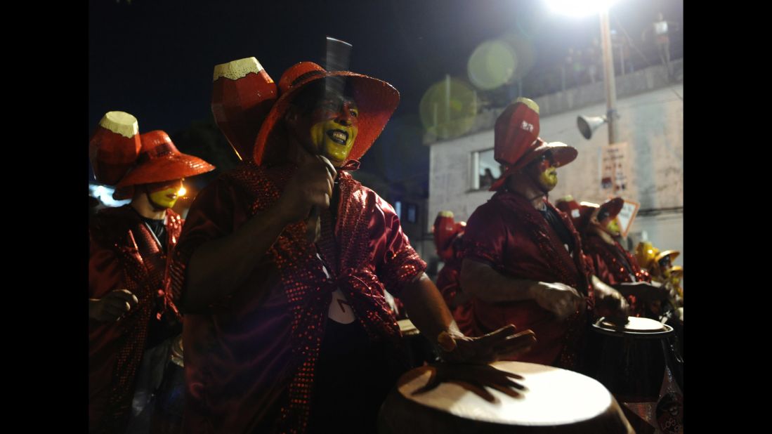 Drummers perform February 5 during the first day of the "Llamadas," one of the Carnival parades in Montevideo, Uruguay.