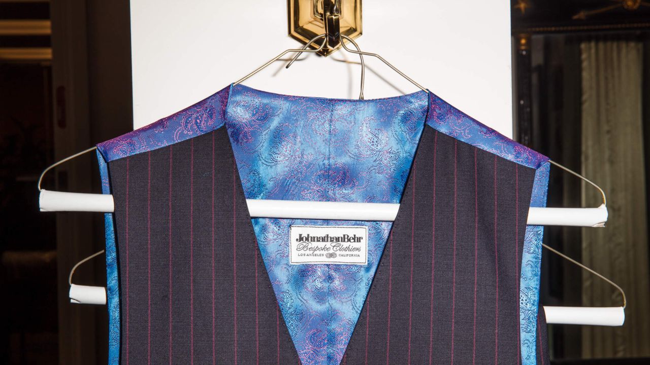 The vest from a three-piece suit bears the Johnathan Behr Bespoke Clothiers label.