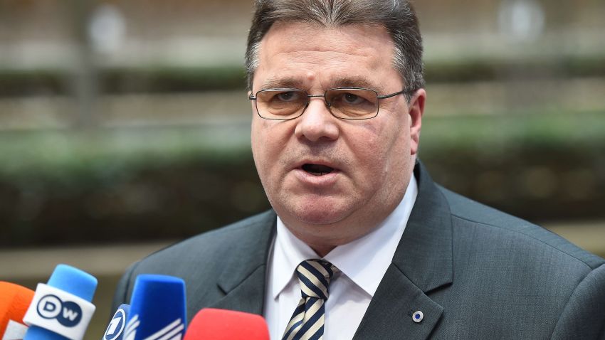 Lithuania's Foreign Minister Linas Linkevicius talks to journalists as he arrives for an emergency meeting of Foreign Affairs Council at the European Council headquarters in Brussels on January 29, 2015. EU Foreign Ministers are holding emergency talks on new sanctions after dozens of people were killed in clashes between Ukrainian forces and Moscow-backed rebels near the key port city of Mariupol. AFP PHOTO / EMMANUEL DUNANDEMMANUEL DUNAND/AFP/Getty Images