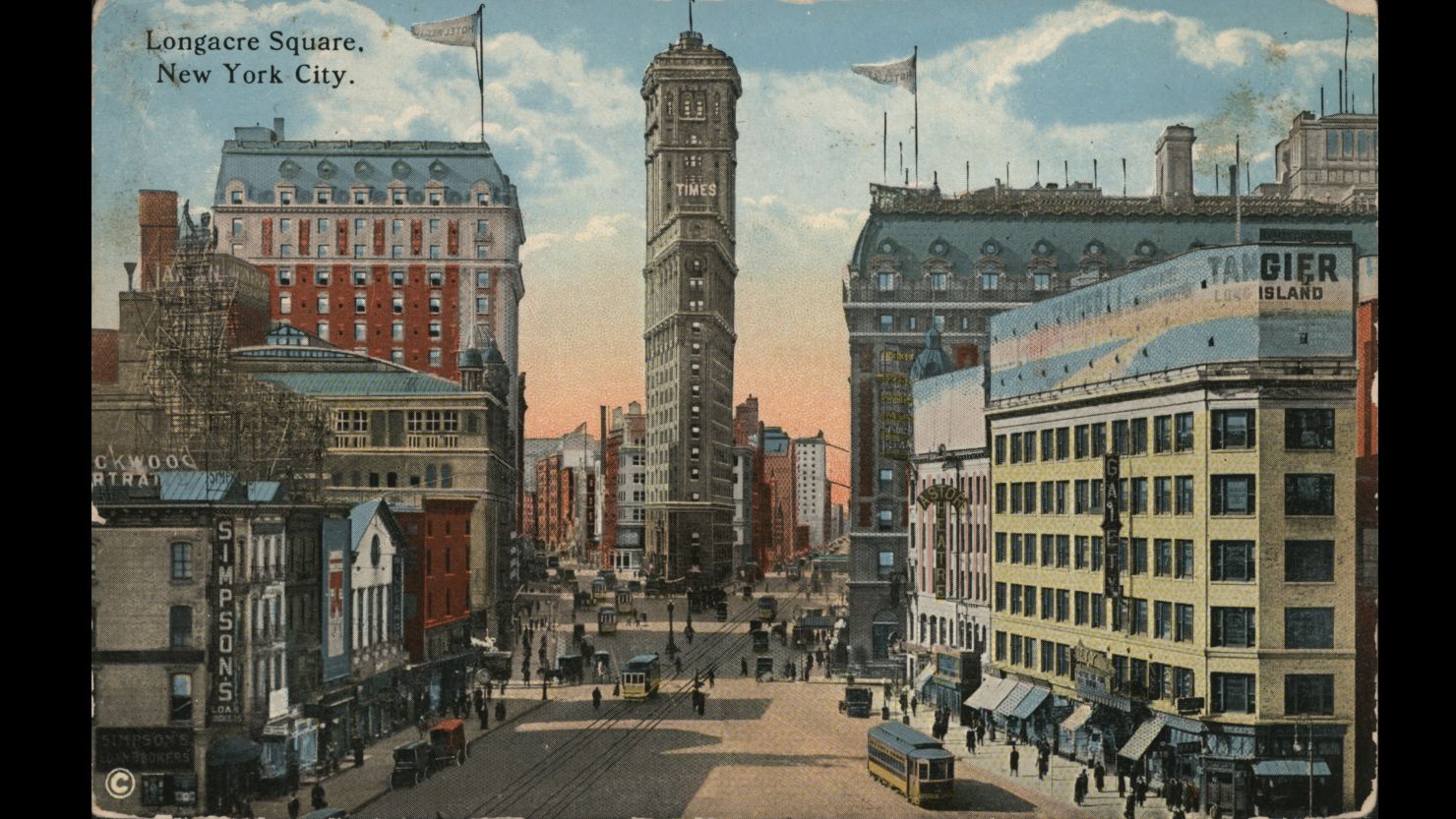 The Knickerbocker, left, opened in 1906 on Times Square. This postcard uses the square's former name.