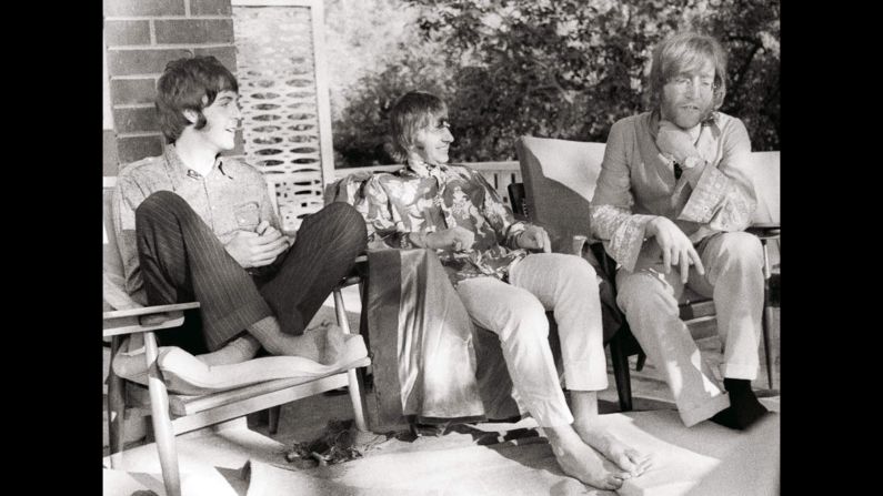 Paul McCartney, from left, Ringo Starr and John Lennon sit together during a trip to Rishikesh, India, at Maharishi's ashram, where the Beatles visited to study meditation. 