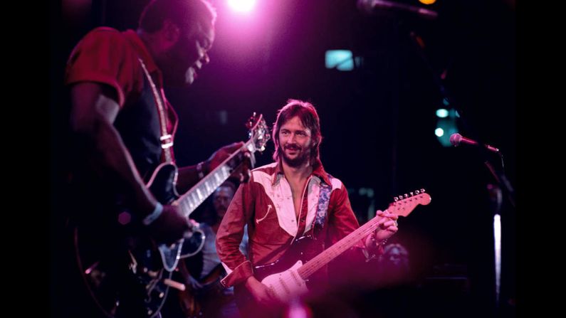 Clapton and blues legend Freddie King perform together. King signed on to Clapton's RSO record label in 1974 and released three albums before his death in 1976.