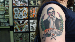 A tattoo of Supreme Court Justice Ruth Bader Ginsburg on the arm of college student Rachel Fink.