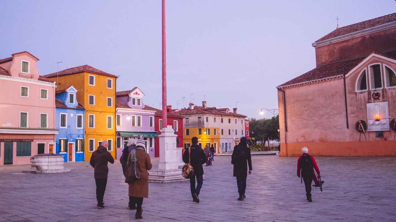 "The Wonder List" crew wraps up an evening shoot on the island of Burano.