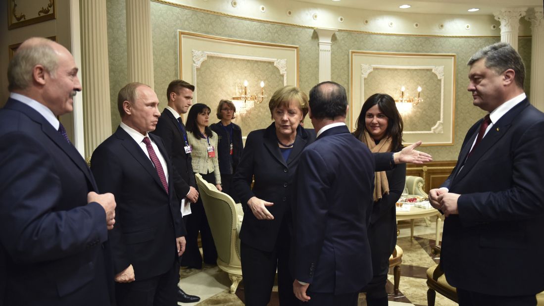 A recent ceasefire was brokered during marathon talks in Minsk, Belarus. From left, Belarusian President Alexander Lukashenko, Russian President Vladimir Putin, German Chancellor Angela Merkel, French President François Hollande and Ukrainian President Petro Poroshenko gather before negotiations begin on Wednesday, February 11. 