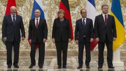 From the left : Belarusian President Alexander Lukashenko, Russian President Vladimir Putin, German Chancellor Angela Merkel, French President Francois Hollande, and Ukrainian President Petro Poroshenko pose for a photo during a time-break in their peace talks in Minsk, Belarus, Wednesday, Feb. 11, 2015. Leaders of Russia, Ukraine, France and Germany are gathering for crucial talks in the hope of negotiating an end fighting between Russia-backed separatist and government forces in eastern Ukraine.  (AP Photo/Alexander Zemlianichenko, Pool)