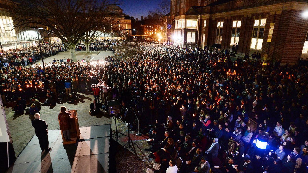 University Chancellor Carol Folt addresses mourners gathered on campus February 11.