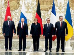 Belarussian President Alexander Lukashenko, Russian President Vladimir Putin, German Chancellor Angela Merkel, French President Francois Hollande and Ukrainian President Petro Poroshenko.