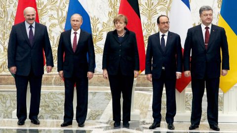 Belarussian President Alexander Lukashenko, Russian President Vladimir Putin, German Chancellor Angela Merkel, French President Francois Hollande and Ukrainian President Petro Poroshenko.