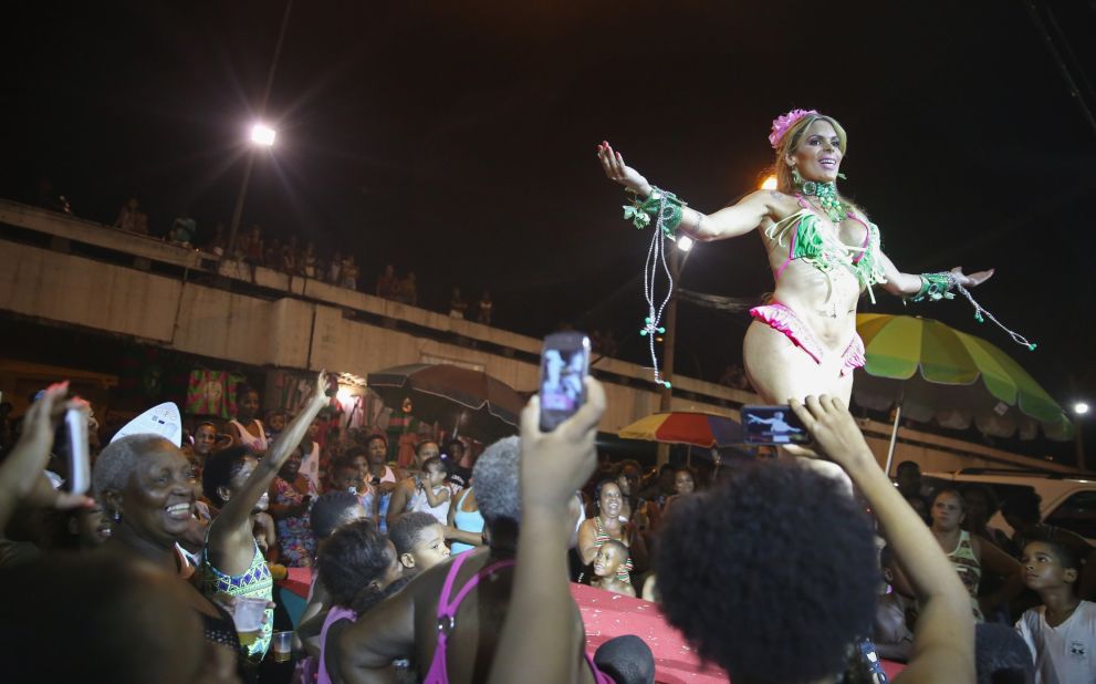 A beauty contestant performs February 11 during the Gay Glam Ball in Rio de Janeiro.