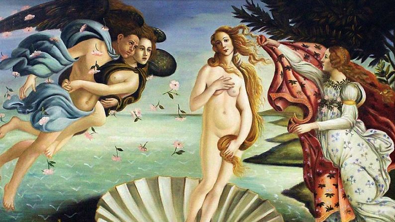 <strong>"The Birth of Venus" by Sandro Botticelli (1484-86)</strong> Botticelli was commissioned to produce this work by the renowned Medici family. It portrays the goddess of love as an idealized standard of perfection and purity, standing on a giant scallop shell. 