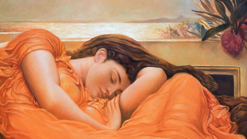 <strong>"Flaming June" by Sir Frederic Leighton (1895)</strong> This is generally acknowledged to be Leighton's masterpiece. It showcases his classical training and is heavy with Greek erotic imagery. Though the woman sleeps alone, the rich colors and flowing gown set a romantic tone.