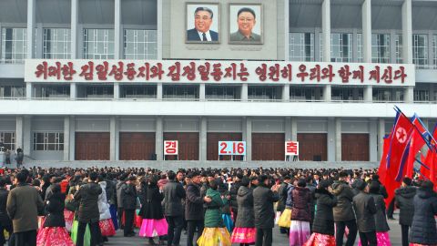 Crowds gather to dance in Pyongyang to mark Kim Jong Il's birthday on February 16, 2014. The former dictator died in 2011. His birthday is a national holiday known throughout North Korea as the Day of the Shining Star.