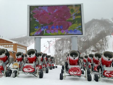 In case anyone needed a reminder, the electronic billboard at a ski resort displays Kimjonilias in honor of the late leader's birthday. 