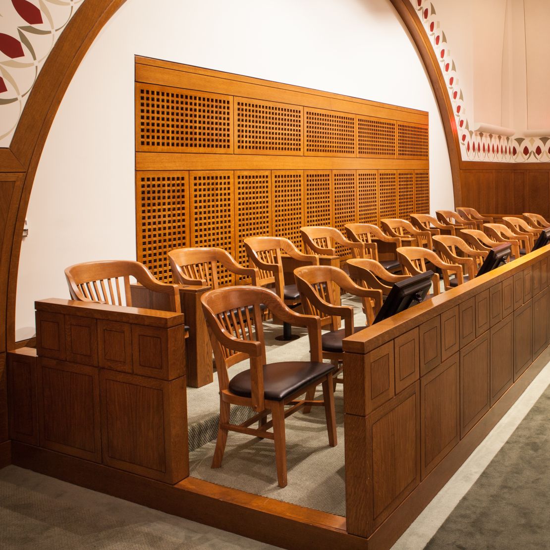 The jury box where 12 people will decide the fate of Boston bombing defendant Dzhokhar Tsarnaev.