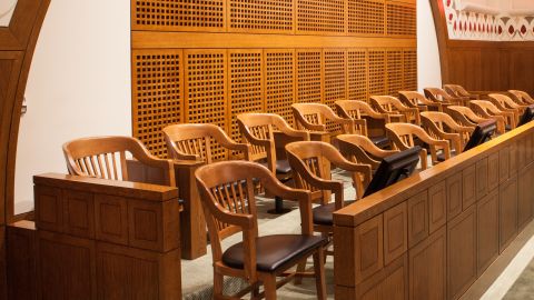 The jury box where 12 people will decide the fate of Boston bombing defendant Dzhokhar Tsarnaev.