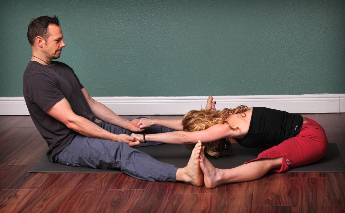 This move releases adductors (inner thighs) and hamstrings, and it strengthens core muscles along the way.