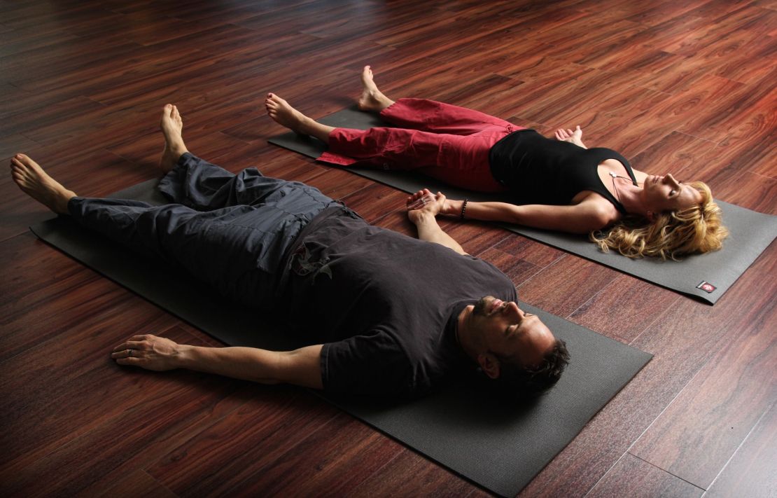 "Savasana" means corpse pose in Sanskrit and is the standard final relaxation position in most yoga practices. 