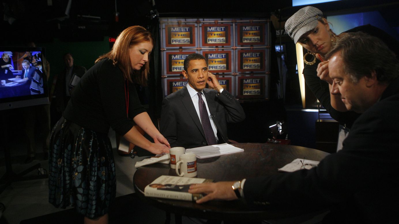 Obama appears on "Meet the Press" with Tim Russert, right, in Des Moines, Iowa, in November 2007.