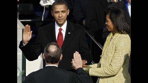 Obama is sworn in by Chief Justice John Roberts as the 44th President of the United States on January 20, 2009.