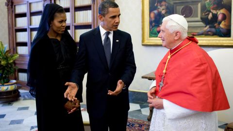 Obama and the first lady meet with Pope Benedict XVI in Vatican City in July 2009.