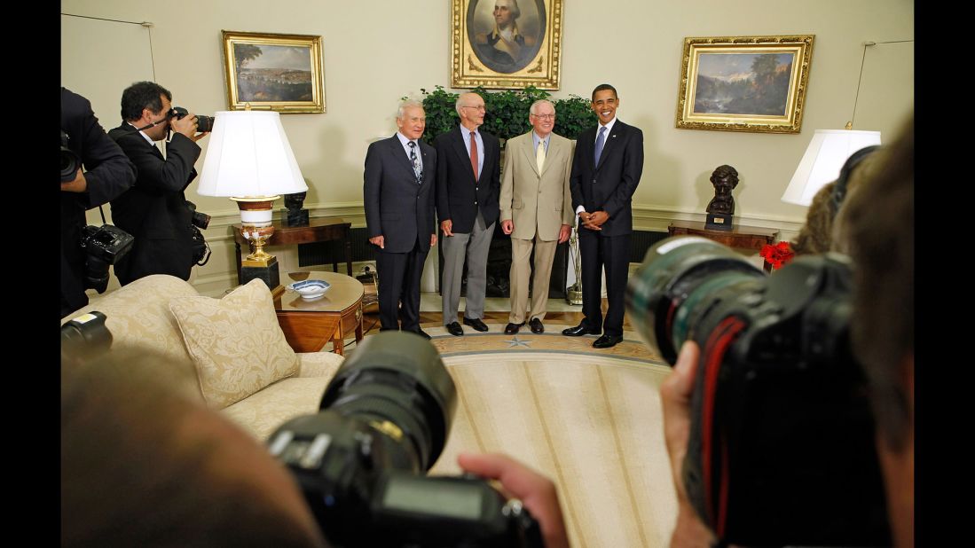Obama hosts the Apollo 11 astronauts -- from left, Edwin "Buzz" Aldrin, Michael Collins and Neil Armstrong -- in the Oval Office on July 20, 2009. It was the 40th anniversary of the moon landing.