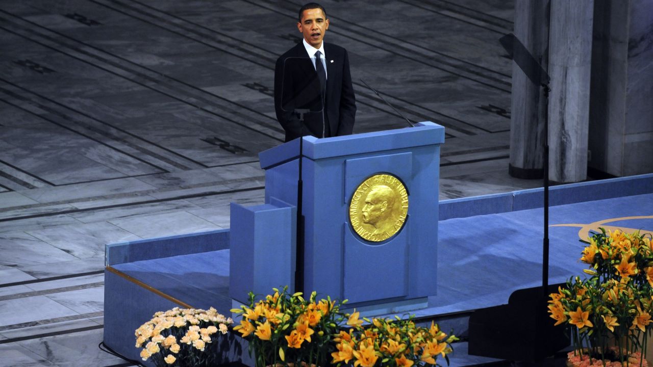 Obama delivers a speech after receiving the Nobel Peace Prize in Oslo, Norway, in December 2009.