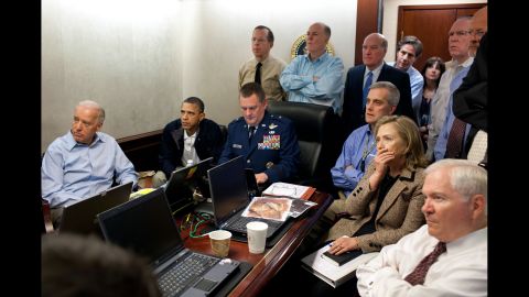 Obama, Biden, Secretary of State Hillary Clinton and members of the national security team receive live updates on the mission to capture or kill Osama bin Laden on May 1, 2011.