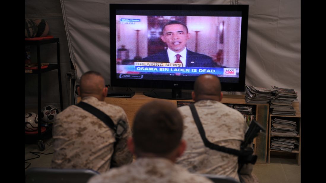 U.S. Marines watch from Afghanistan as Obama announces the death of bin Laden on May 2, 2011.