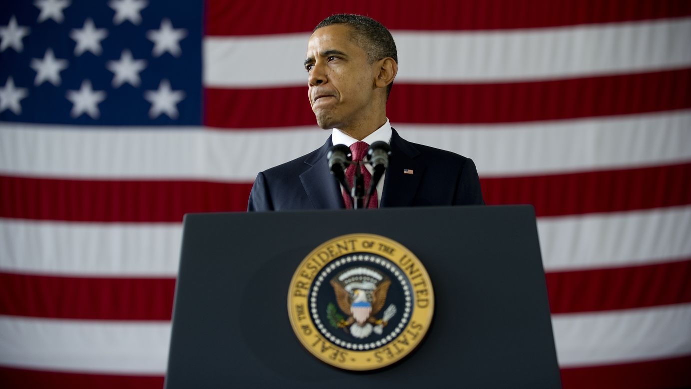 Obama delivers remarks to troops and military families at Fort Bragg, North Carolina, on December 14, 2011, marking the exit of U.S. soldiers from Iraq.