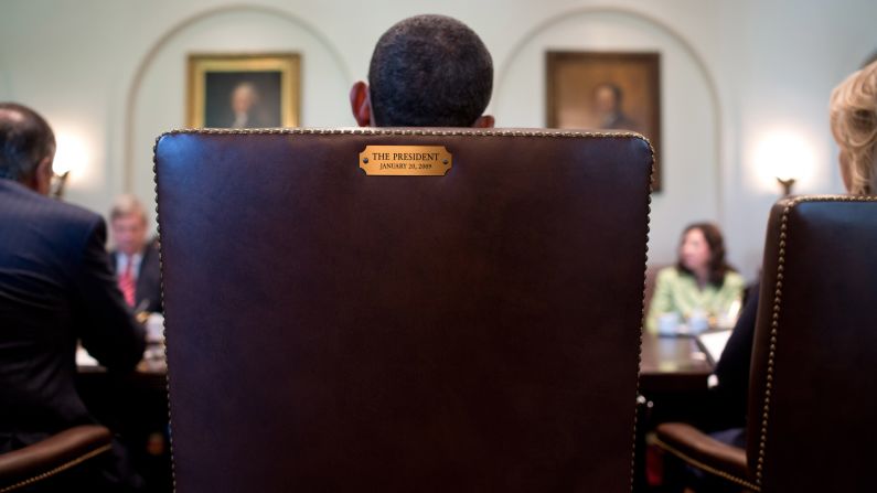 Obama sits in his chair during a Cabinet meeting in July 2012. This image was tweeted by his official Twitter account in August 2012 in response to <a href="index.php?page=&url=http%3A%2F%2Fwww.cnn.com%2F2012%2F08%2F31%2Fpolitics%2Feastwood-speech%2F" target="_blank">Clint Eastwood's "empty chair" speech</a> at the Republican National Convention. The tweet simply said, "This seat's taken."