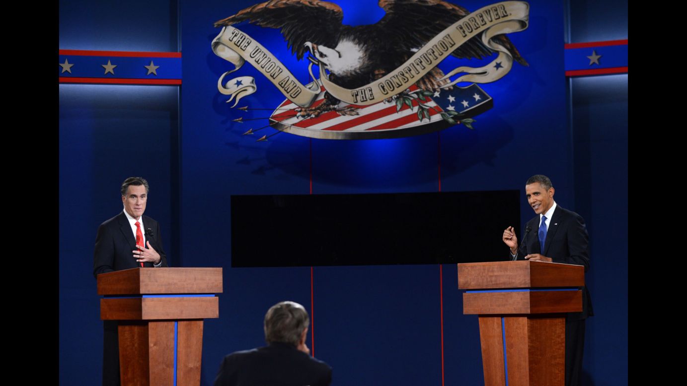 Obama and Republican presidential candidate Mitt Romney participate in the first presidential debate of the 2012 election.