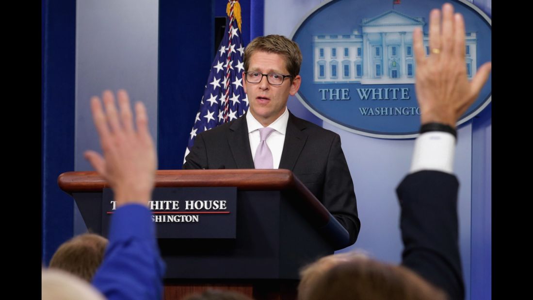 White House press secretary Jay Carney fields questions from reporters during a daily press briefing at the White House in September 2013. Obama had just pushed for congressional approval for limited military strikes against the Syrian government.