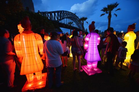 Visitors look at lanterns in the shape of the Chinese Terracotta Warriors at Sydney Harbor on February 13. The artwork, created for the Beijing Olympic Games in 2008 by a team of Chinese artists, is on display for the first time in Australia to launch the Australian celebrations of the Lunar New Year.