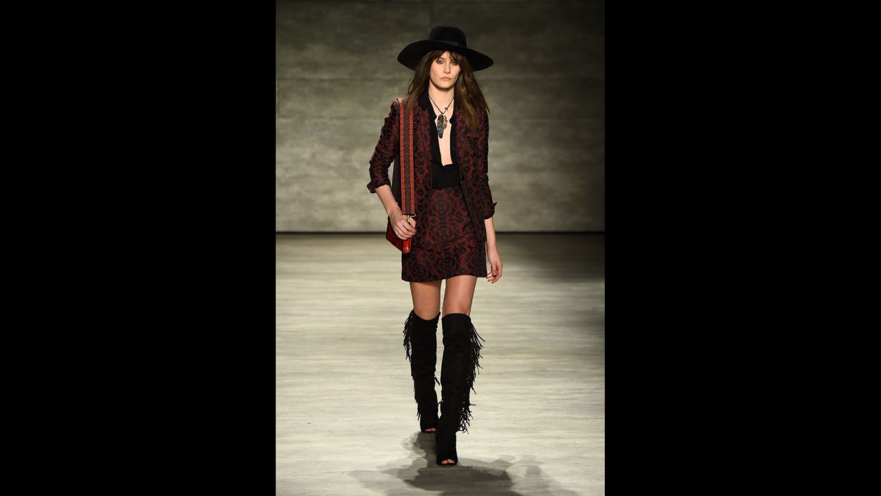 Designer Rebecca Minkoff kept with the 1970s overriding trend and went for a rocker-inspired look.