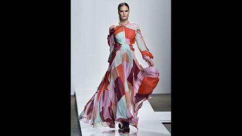 A model walks in a geo-patterned maxi dress for Australian label Zimmermann.