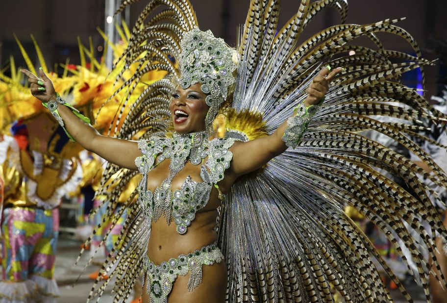 A dancer performs during a Carnival parade in Sao Paulo on Friday, February 13.