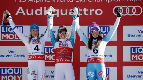 Mikaela Shiffrin of the U.S. (center) celebrates after claiming gold at the 2015 Alpine World Ski Championships.