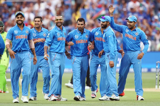 India's bowling hero Mohammed Shami takes the plaudits from teammates after taking another key wicket in his side's victory over Pakistan.