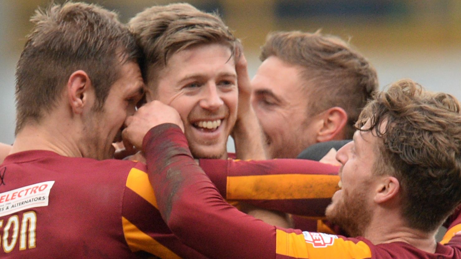 Jon Stead is mobbed by teammates after scoring his side's crucial second goal in the 2-0 win over Sunderland in the English FA Cup fifth round tie.