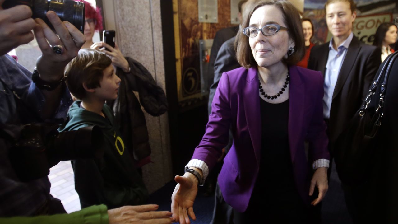 Oregon Secretary of State Kate Brown greets people during a celebration at the Oregon Historical Society to mark the 156th anniversary of Oregon's admission to the union as the 33rd state in Portland, Oregon, Saturday, February 14. Brown will become Oregon's governor next week on the heels of the resignation of Oregon Gov. John Kitzhaber.