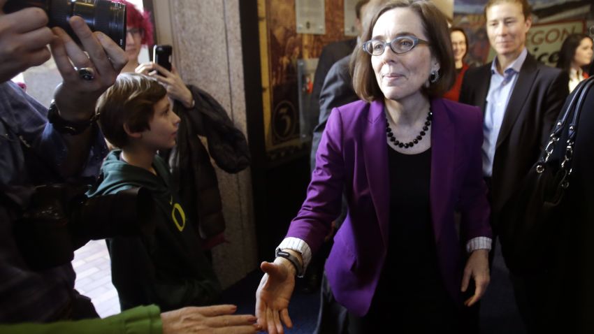Oregon Secretary of State Kate Brown greets people during a celebration at the Oregon Historical Society to mark the 156th anniversary of Oregon's admission to the union as the 33rd state in Portland, Oregon, Saturday, February 14. Brown will become Oregon's governor next week on the heels of the resignation of Oregon Gov. John Kitzhaber.