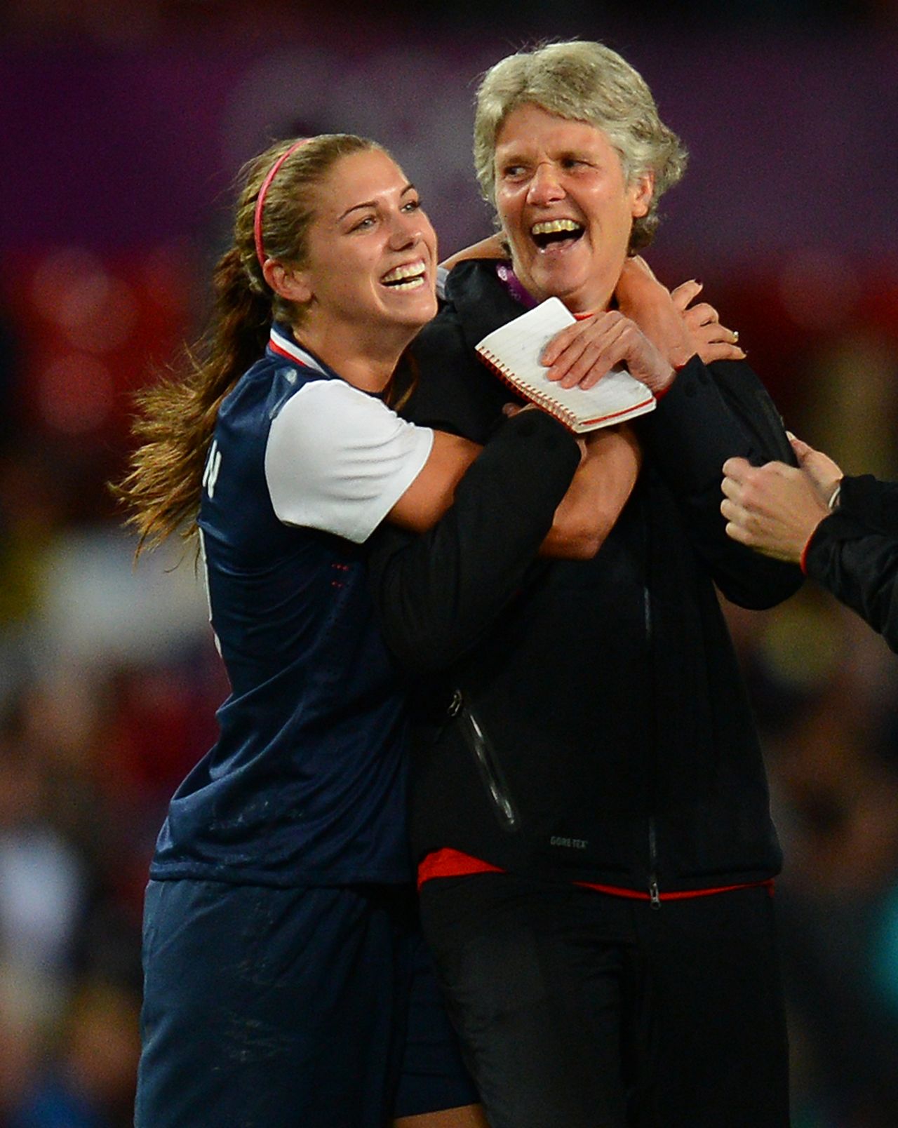 Morgan celebrates with former U.S. coach Pia Sundhage after her winning goal had given the Americans a 4-3 win over Canada at the semifinal stage of London 2012. Sundhage, now coach of her native Sweden, guided the USWNT to successive Olympic gold medals.