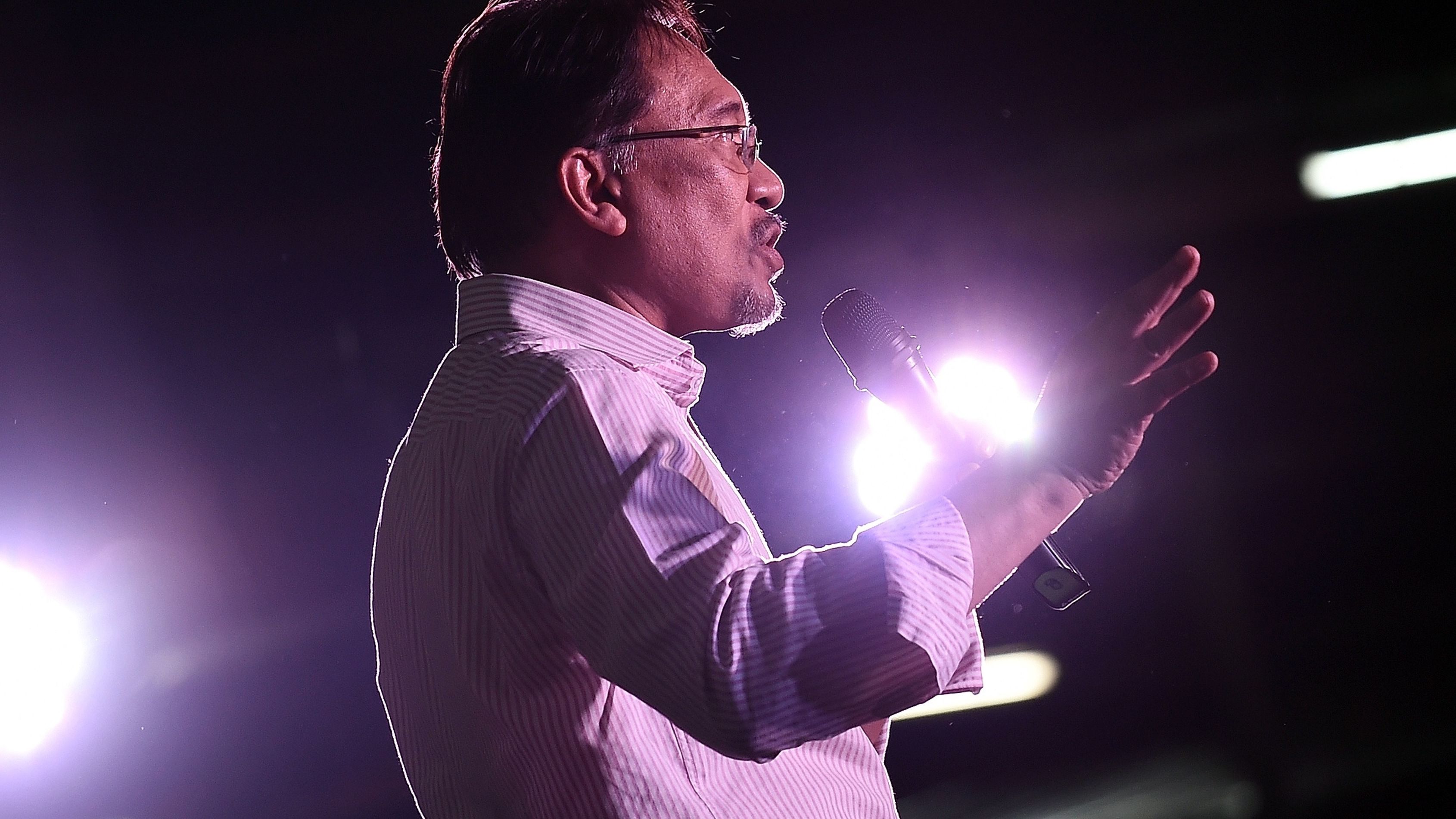 Opposition leader Anwar Ibrahim addresses his supporters at a gathering in Kuala Lumpur on February 9.