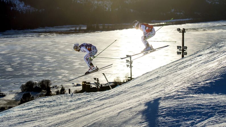 Sylvain Miaillier, left, and Jean-Frederic Chapuis compete in a ski cross race during a World Cup event in Are, Sweden, on Sunday, February 15. Chapuis finished first in the event.
